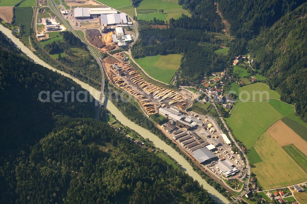 Aerial image Sachsenburg - Buildings and production halls on the premises of the HASSLACHER NORICA TIMBER - HASSLACHER Group in Sachsenburg in Carinthia, Austria