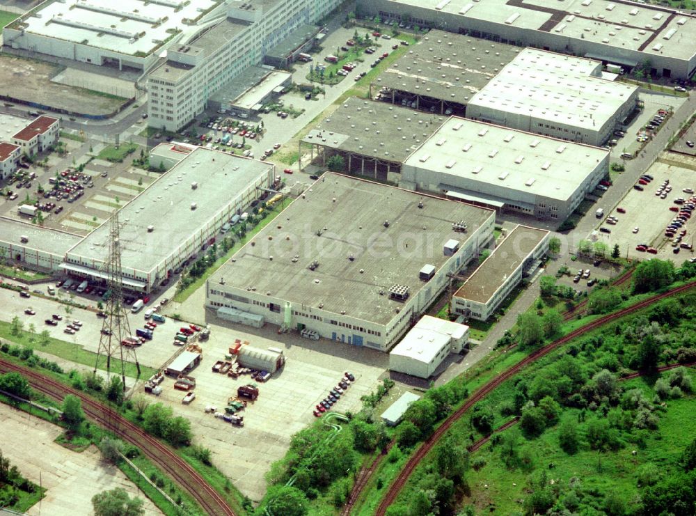 Berlin from the bird's eye view: Building and production halls on the premises of HMP Heidenhain Microprint GmbH on street Rhinstrasse in the district Marzahn in Berlin, Germany