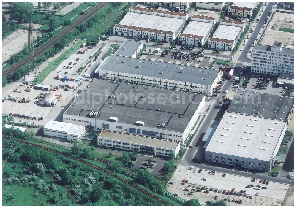 Berlin from above - Building and production halls on the premises of HMP Heidenhain Microprint GmbH on street Rhinstrasse in the district Marzahn in Berlin, Germany