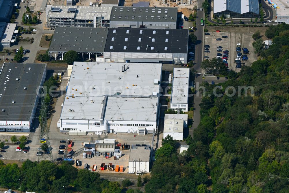 Aerial image Berlin - Building and production halls on the premises of HMP Heidenhain Microprint GmbH on street Rhinstrasse in the district Marzahn in Berlin, Germany