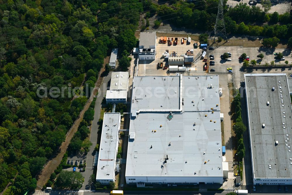 Aerial image Berlin - Building and production halls on the premises of HMP Heidenhain Microprint GmbH on street Rhinstrasse in the district Marzahn in Berlin, Germany
