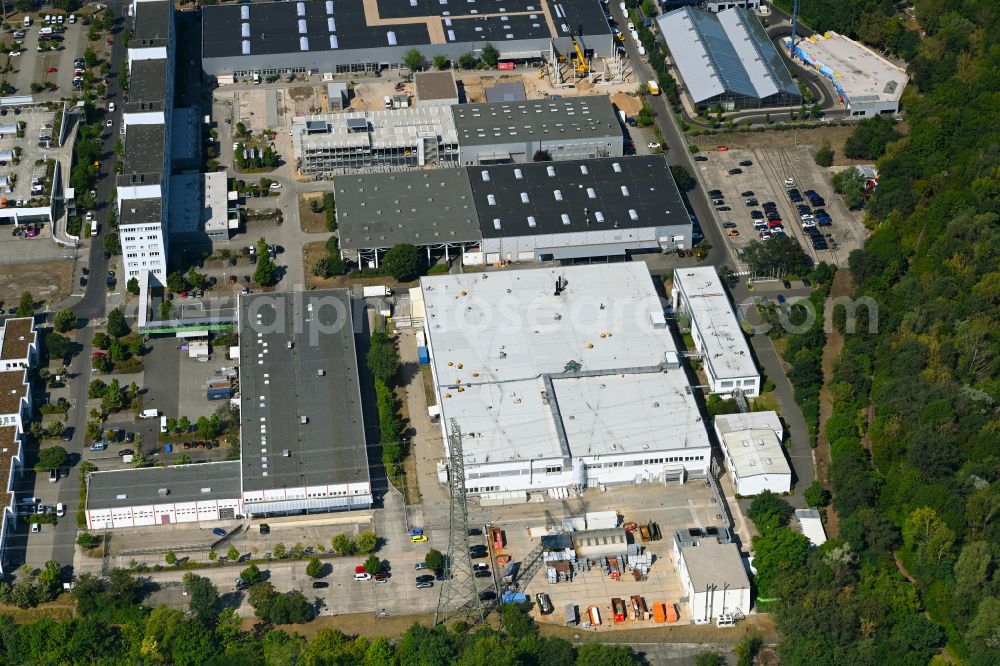 Aerial photograph Berlin - Building and production halls on the premises of HMP Heidenhain Microprint GmbH on street Rhinstrasse in the district Marzahn in Berlin, Germany