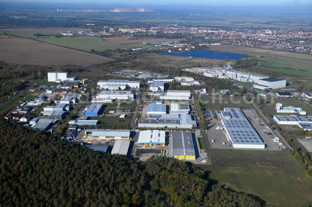 Burg from above - Building and production halls on the premises of Ing.-Holzbau Schnoor GmbH & Co. KG on Tuchmacherweg in Burg in the state Saxony-Anhalt, Germany