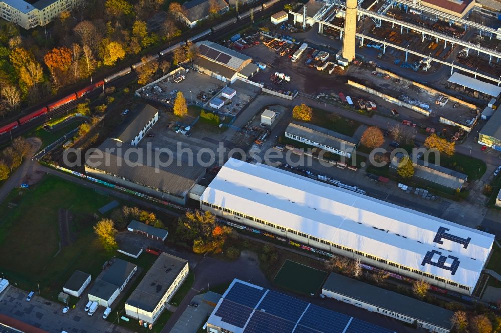 Magdeburg from the bird's eye view: Building and production halls on the premises of B.T. innovation GmbH on Sudenburger Wuhne in the district Sudenburg in Magdeburg in the state Saxony-Anhalt, Germany