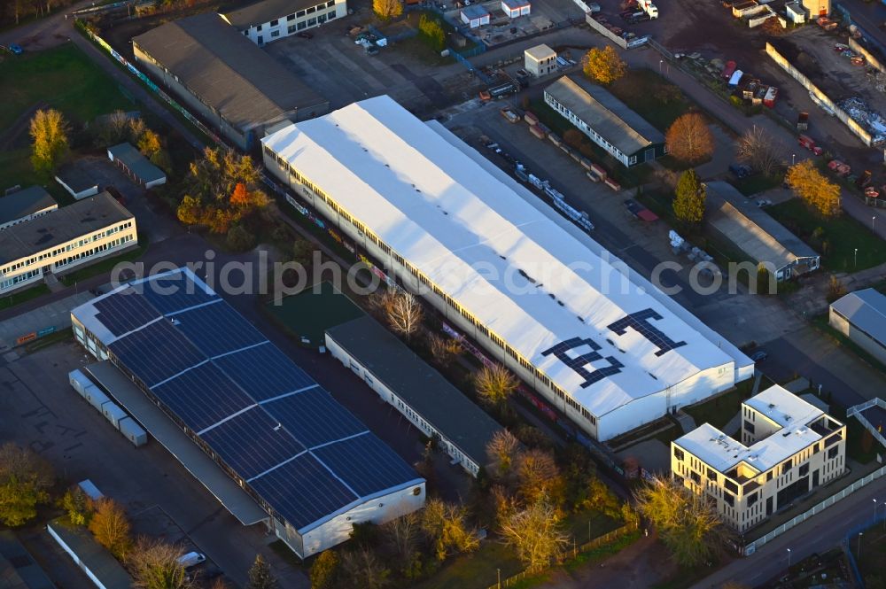 Magdeburg from above - Building and production halls on the premises of B.T. innovation GmbH on Sudenburger Wuhne in the district Sudenburg in Magdeburg in the state Saxony-Anhalt, Germany