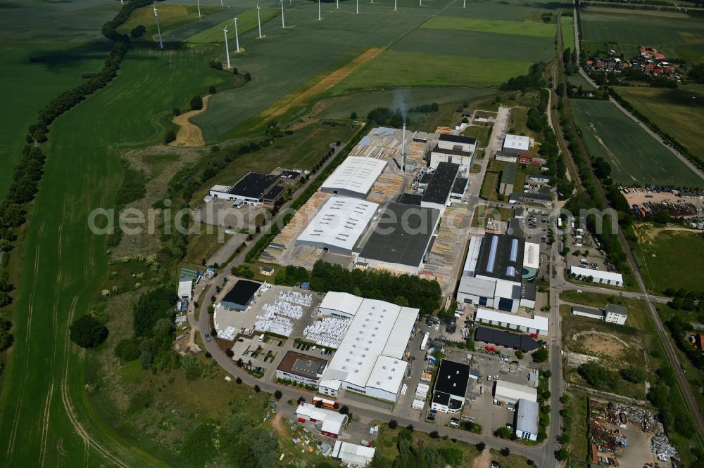 Lübz from above - Building and production halls on the premises IsoVer on Industriestrasse in Luebz in the state Mecklenburg - Western Pomerania, Germany