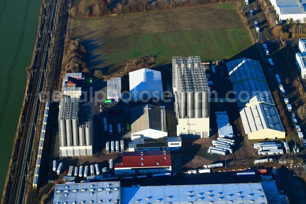 Markranstädt from the bird's eye view: Building and production halls on the premises of KARL SCHMIDT SPEDITION GmbH & Co. KG Am Glaeschen in Markranstaedt in the state Saxony, Germany
