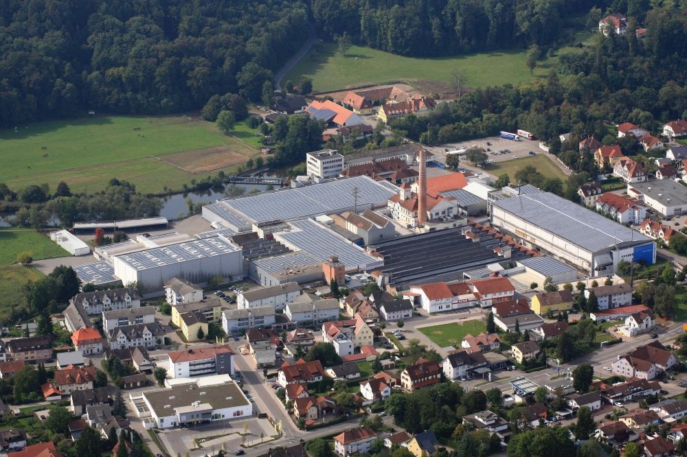 Aerial image Lauchringen - Buildings and production halls on the factory premises of Lauffenmuehle GmbH & Co.KG in Lauchringen in Baden -Wuerttemberg. The textile company in Unterlauchringen has not been spared by the textile crisis