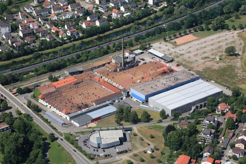 Lörrach from above - Buildings and production halls on the factory premises of Lauffenmuehle GmbH & Co.KG in Loerrach in Baden -Wuerttemberg. The textile company has not been spared by the textile crisis