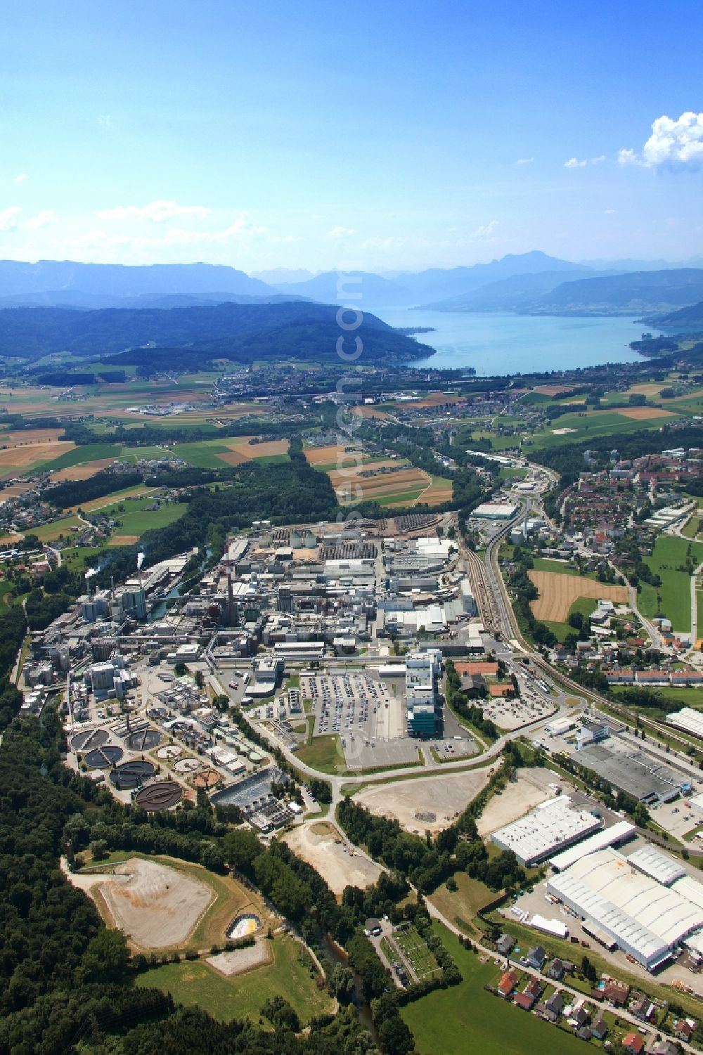 Lenzing from the bird's eye view: Building and production halls on the premises of Lenzing Plastics GmbH & Co.KG in Lenzing in Oberoesterreich, Austria