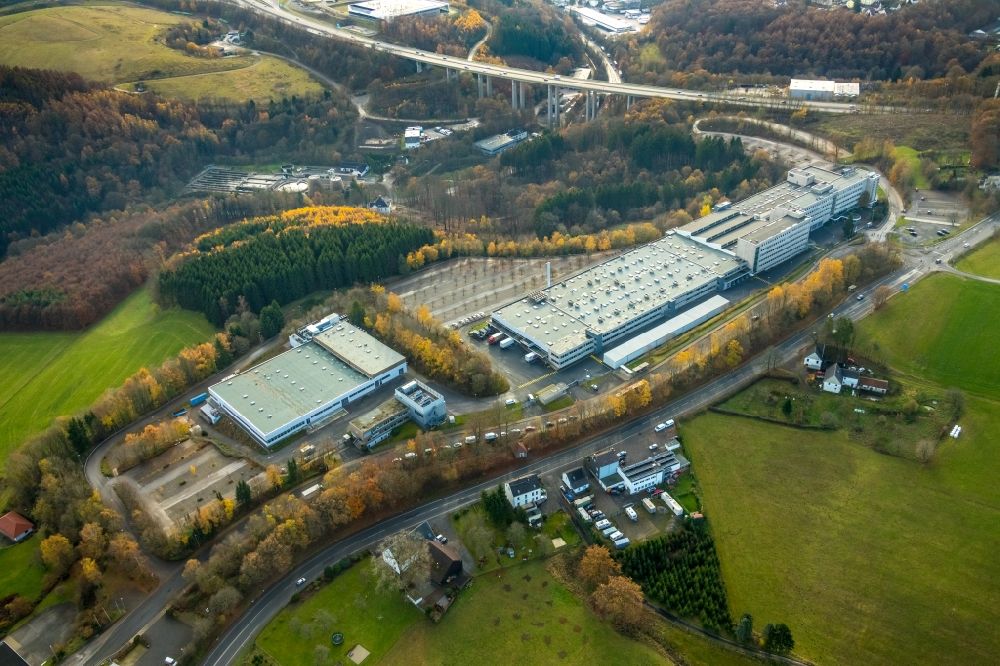 Lüdenscheid from above - Building and production halls on the premises of Leopold Kostal GmbH & Co. KG on Bellmerei in Luedenscheid in the state North Rhine-Westphalia, Germany