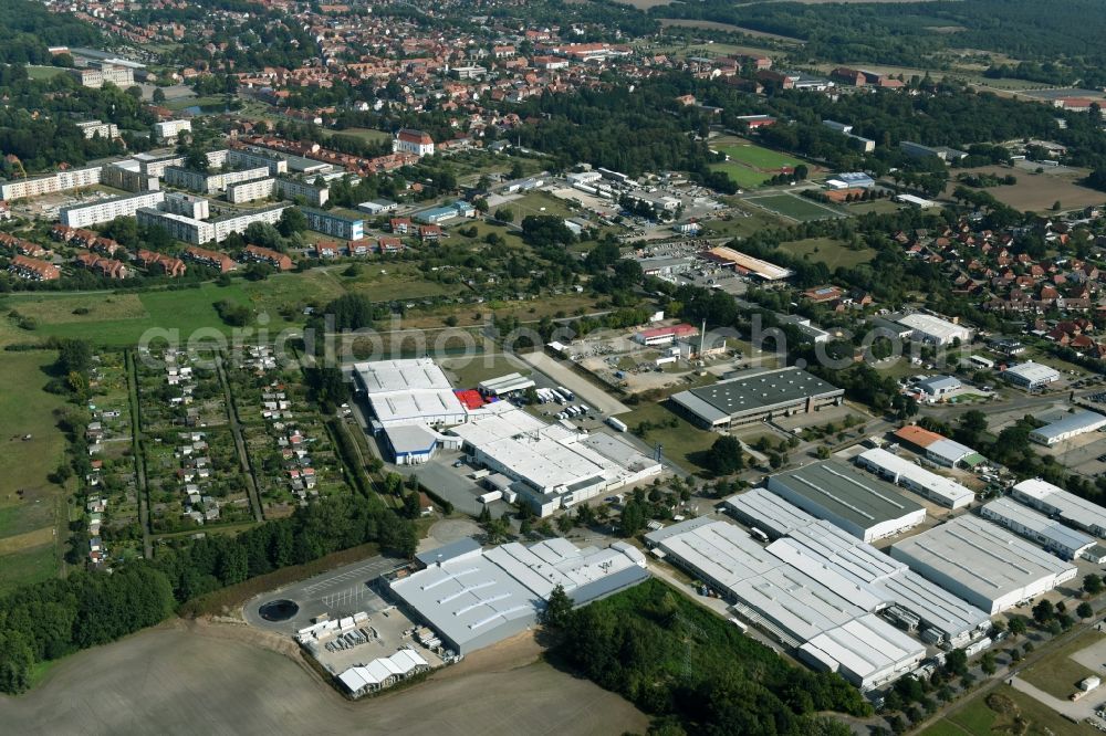 Ludwigslust from above - Building and production halls on the premises of the Lewens Sonnenschutz-Systeme GmbH & Co. KG in Ludwigslust in the state Mecklenburg - Western Pomerania