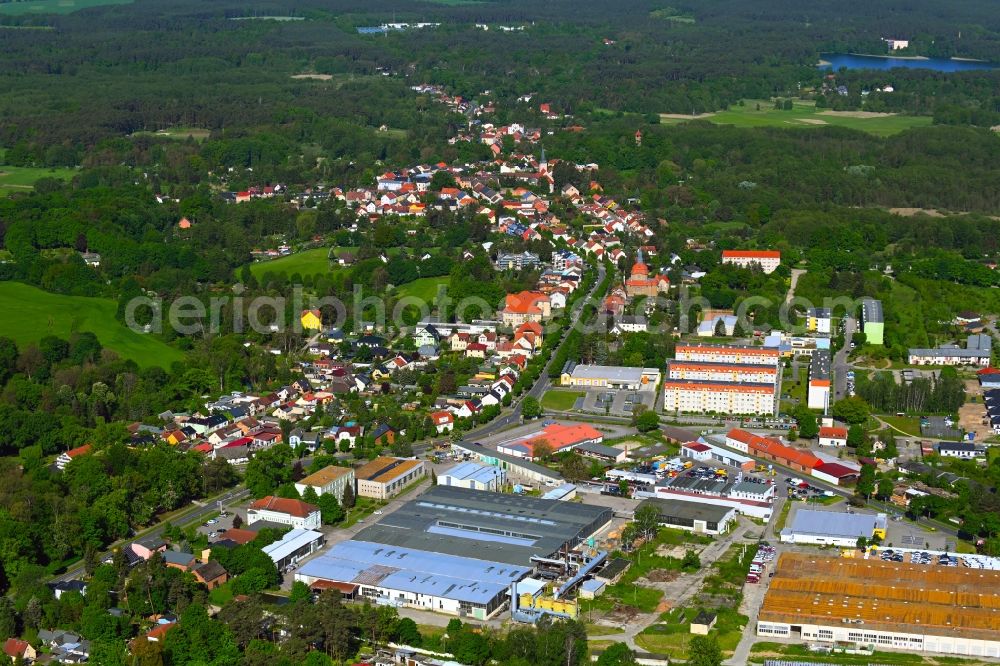 Biesenthal from above - Building and production halls on the premises of of Moebelfolien GmbH in Biesenthal in the state Brandenburg, Germany