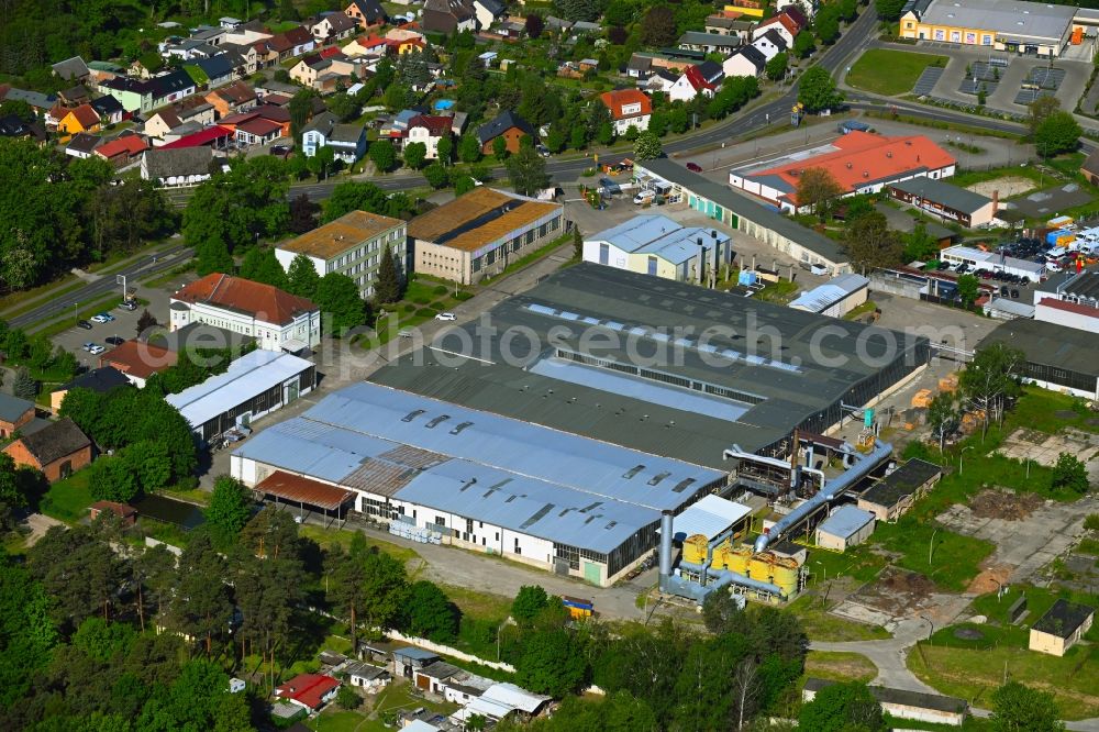 Biesenthal from above - Building and production halls on the premises of of Moebelfolien GmbH in Biesenthal in the state Brandenburg, Germany