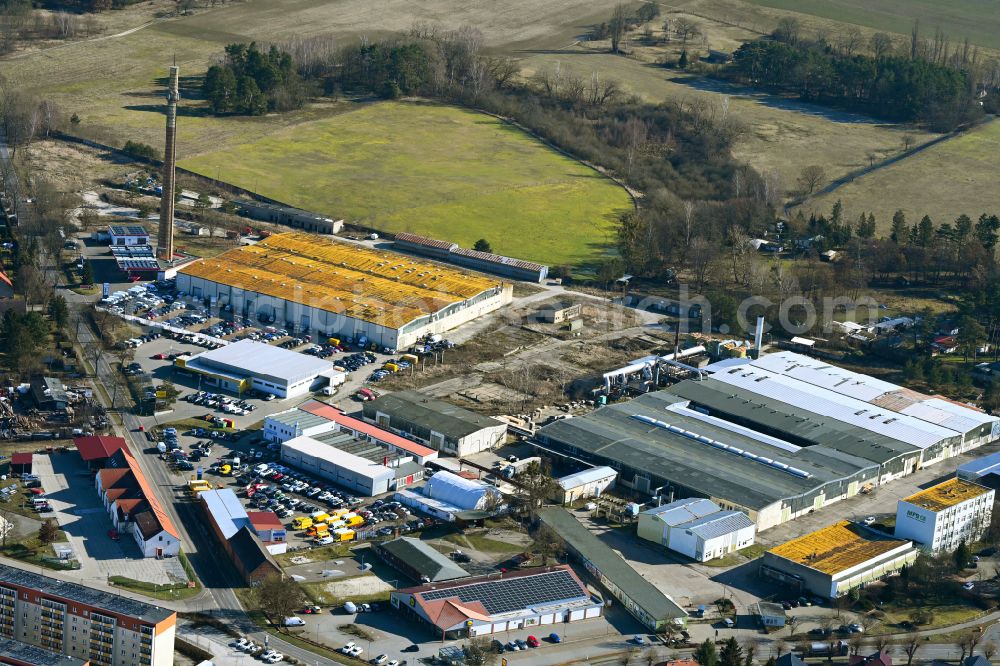 Aerial photograph Biesenthal - Building and production halls on the premises of of Moebelfolien GmbH in Biesenthal in the state Brandenburg, Germany