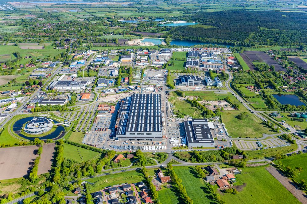 Aerial image Aurich - Building and production halls on the premises of Mechanic Anlagenbau GmbH on street Abelweg - Borsigstrasse in the district Sandhorst in Aurich in the state Lower Saxony, Germany