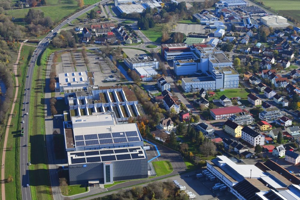 Aerial photograph Maulburg - Buildings and halls on the premises of measurement and control company Endress and Hauser Maulburg in the state Baden-Wurttemberg
