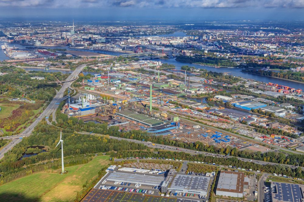Hamburg from above - Aurubis copper works and production halls on the factory premises on the Mueggenburg main dike Peute in Hamburg, Germany