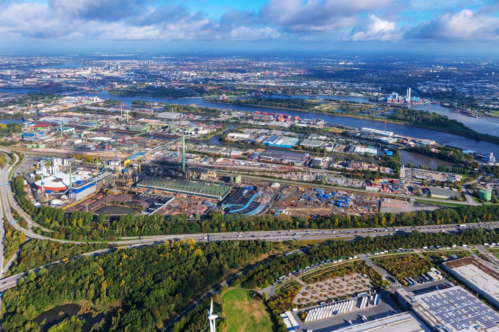 Aerial image Hamburg - Aurubis copper works and production halls on the factory premises on the Mueggenburg main dike Peute in Hamburg, Germany