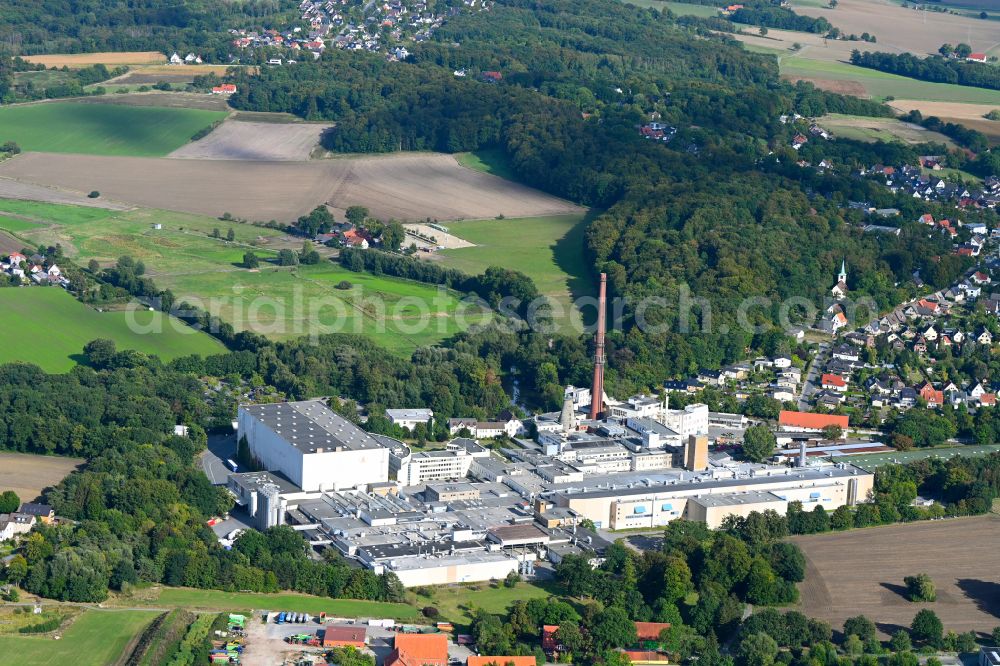 Osnabrück from above - Building and production halls on the premises of the paper mill of Felix Schoeller Holding GmbH & Co. KG on street Burg Gretesch in the district Gretesch in Osnabrueck in the state Lower Saxony, Germany