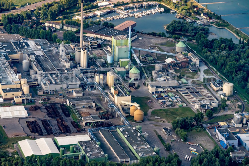 Karlsruhe from above - Building and production halls on the premises of Papierfabrik Stora Enso on the Rhine river on street Mitscherlichstrasse in Karlsruhe in the state Baden-Wurttemberg, Germany