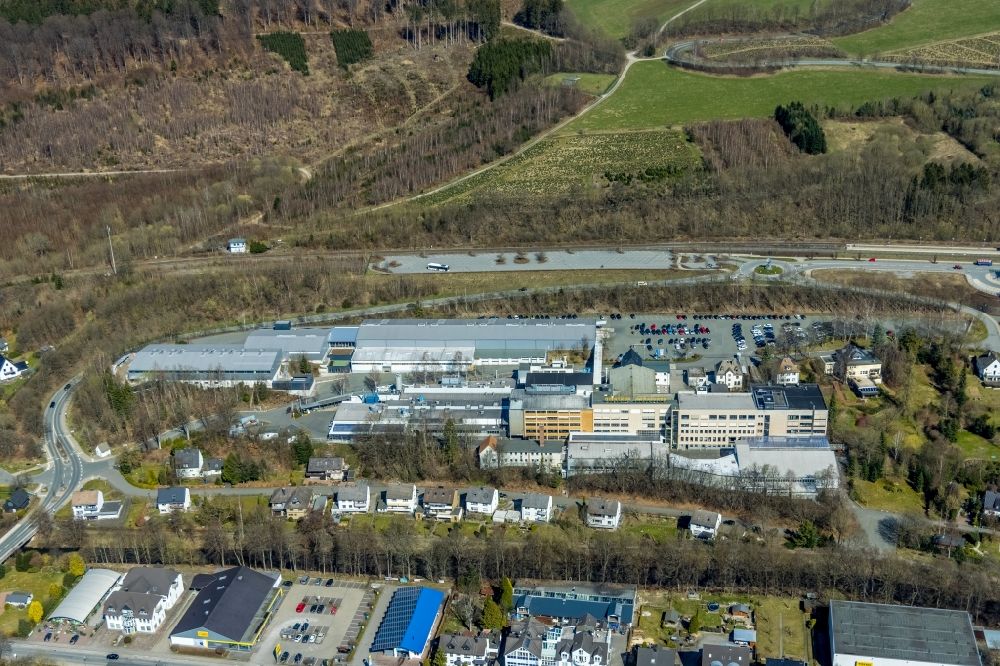 Olsberg from above - Building and production halls on the premises on Paul-Oventrop-Strasse in the district Bigge in Olsberg at Sauerland in the state North Rhine-Westphalia, Germany
