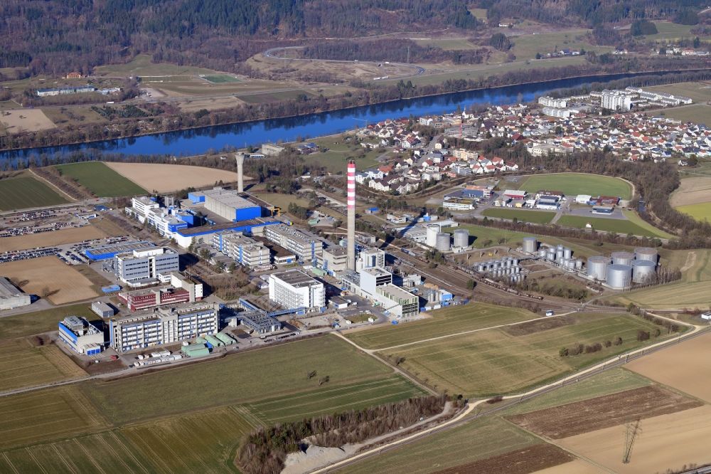 Aerial photograph Sisseln - Building and production halls on the premises of the chemical manufacturers DSM Nutritional Products AG in Sisseln in the canton Aargau, Switzerland