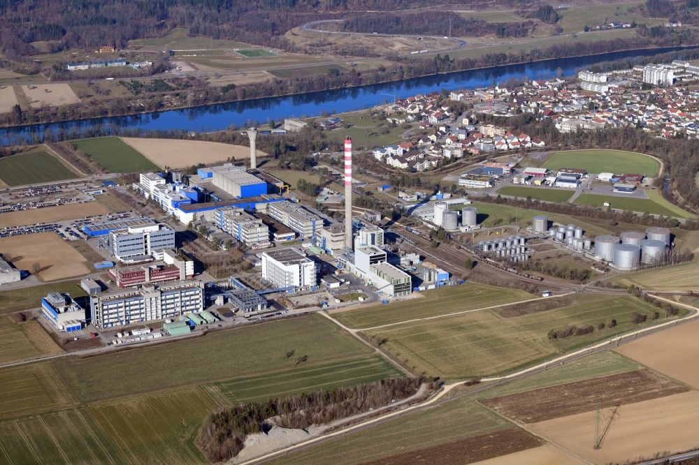 Sisseln from above - Building and production halls on the premises of the chemical manufacturers DSM Nutritional Products AG in Sisseln in the canton Aargau, Switzerland