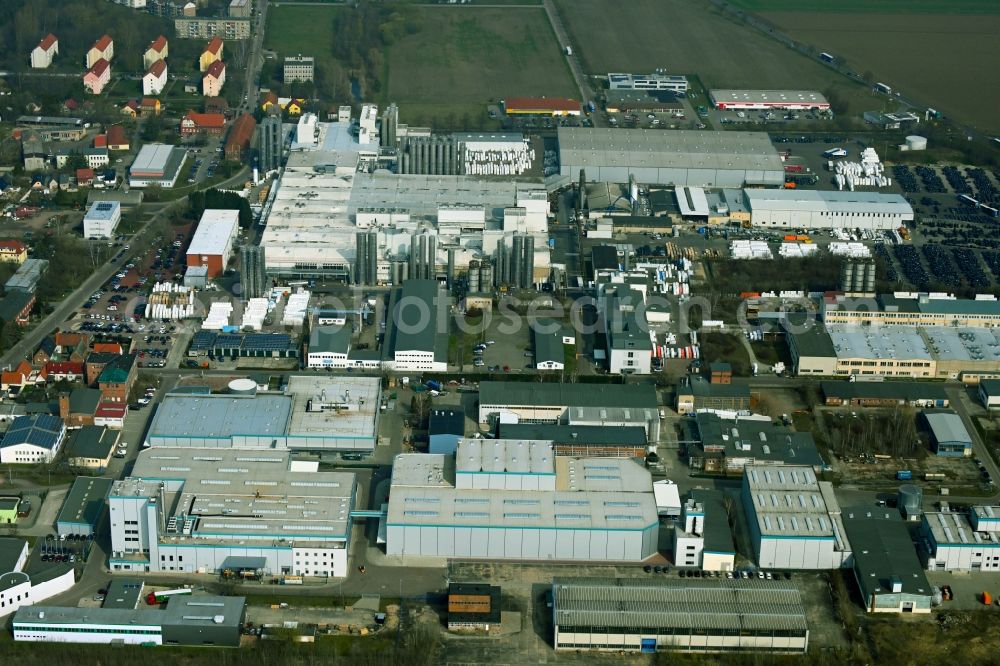 Weißandt-Gölzau from the bird's eye view: Building and production halls on the premises of POLIFILM GmbH in Weissandt-Goelzau in the state Saxony-Anhalt, Germany