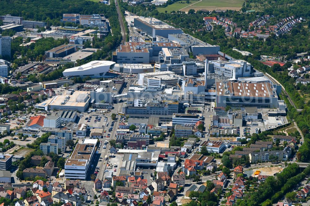Stuttgart from above - Factory premises of Porsche Niederlassung Stuttgart GmbH on Porschestrasse in the district Zuffenhausen-Schuetzenbuehl in Stuttgart in the state Baden-Wuerttemberg, Germany