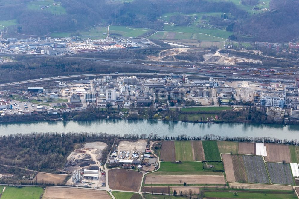 Pratteln from above - Building and production halls on the premises of the production plant of Coop in Pratteln in the canton Basel-Landschaft, Switzerland
