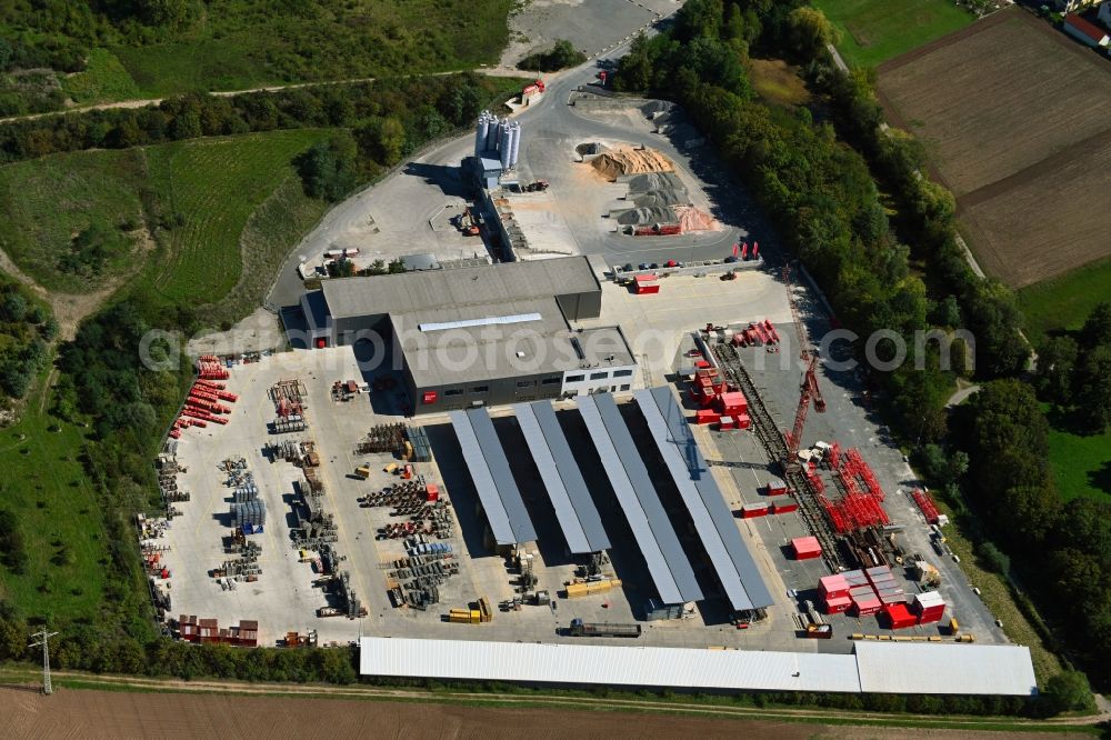 Bergrheinfeld from above - Building and production halls on the premises of Riedel Bau GmbH & Co. KG on Schweinfurter Strasse in Bergrheinfeld in the state Bavaria, Germany