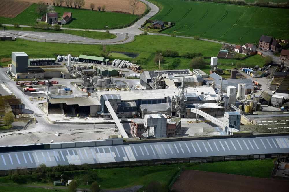 Frasnes-lez-Anvaing from above - Building and production halls on the premises of Rosier in Frasnes-lez-Anvaing in Region wallonne, Belgium
