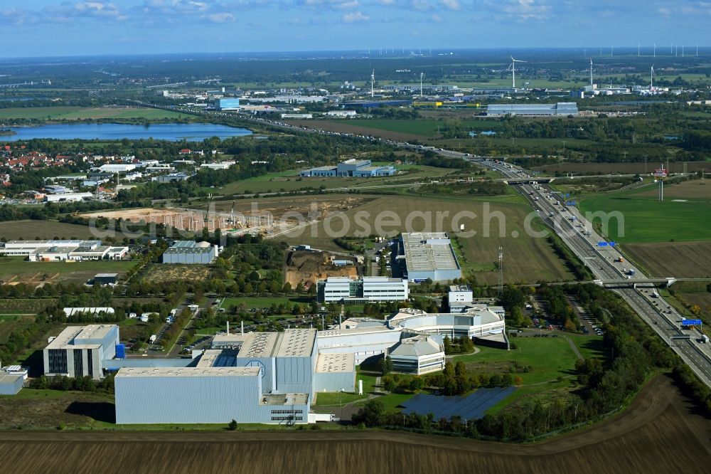 Barleben from above - Building and production halls on the premises of Salutas Pharma GmbH on Otto-von-Guericke-Allee in the district Suelzegrund in Barleben in the state Saxony-Anhalt, Germany