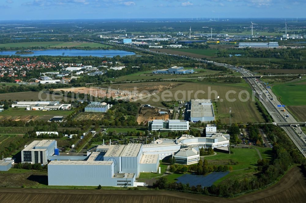 Barleben from the bird's eye view: Building and production halls on the premises of Salutas Pharma GmbH on Otto-von-Guericke-Allee in the district Suelzegrund in Barleben in the state Saxony-Anhalt, Germany