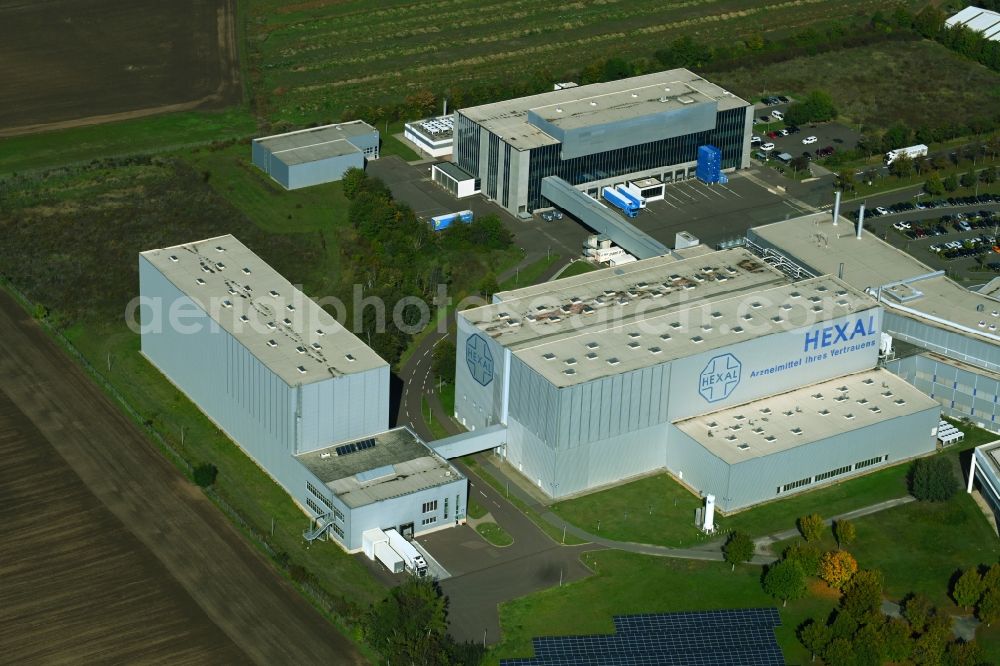 Aerial image Barleben - Building and production halls on the premises of Salutas Pharma GmbH on Otto-von-Guericke-Allee in the district Suelzegrund in Barleben in the state Saxony-Anhalt, Germany