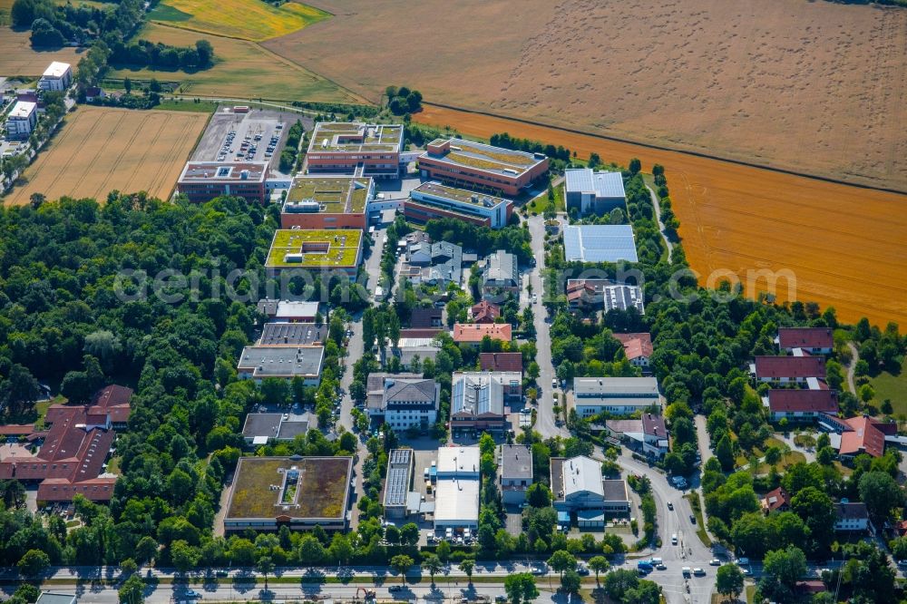 Oberschleißheim from above - Building and production halls on the premises of Schreiner Group GmbH & Co. KG on Bruckmannring in Oberschleissheim in the state Bavaria, Germany