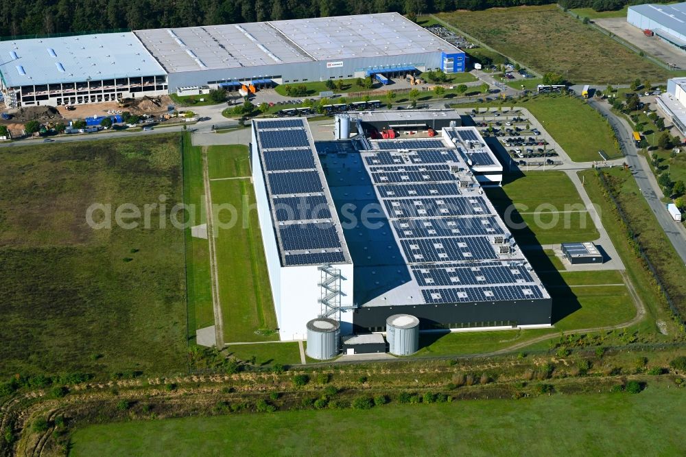 Gallin from above - Building and production halls on the premises of Schur Pack Germany GmbH on street Neu-Galliner Ring in Gallin in the state Mecklenburg - Western Pomerania, Germany