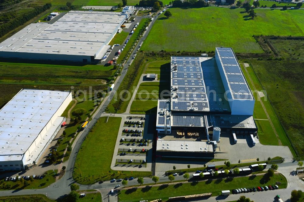 Gallin from above - Building and production halls on the premises of Schur Pack Germany GmbH on street Neu-Galliner Ring in Gallin in the state Mecklenburg - Western Pomerania, Germany