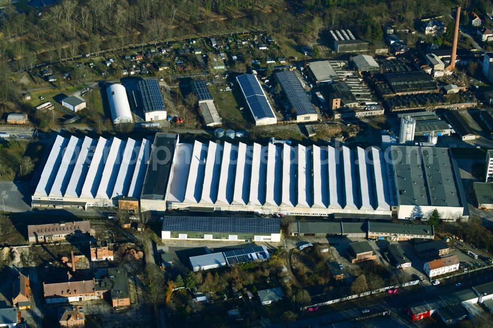 Spremberg from above - Building and production halls on the premises of SPRELA GmbH on Westbahnstrasse in Spremberg in the state Brandenburg, Germany