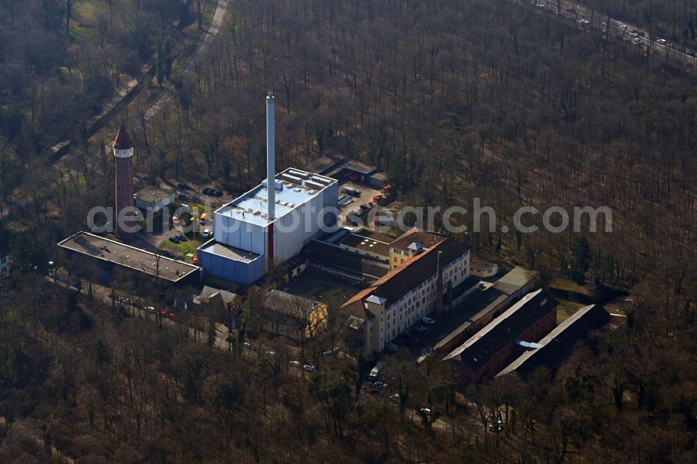 Aerial photograph Karlsruhe - Buildings and production halls on the factory premises of the Staatliche Majolika Manufaktur Karlsruhe gGmbH on the street Ahaweg in Karlsruhe in the state Baden-Wuerttemberg, Germany