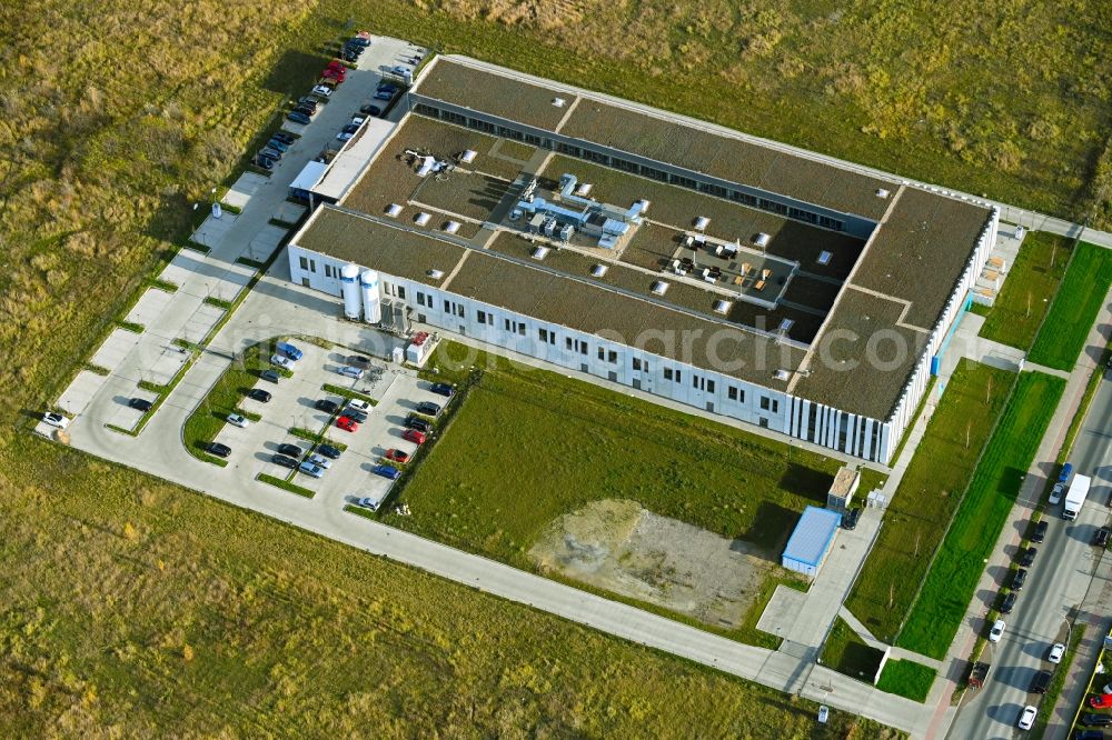 Berlin from above - Building and production halls on the premises of Swissbit Germany AG in CleanTech Business Park in the district Marzahn in Berlin, Germany