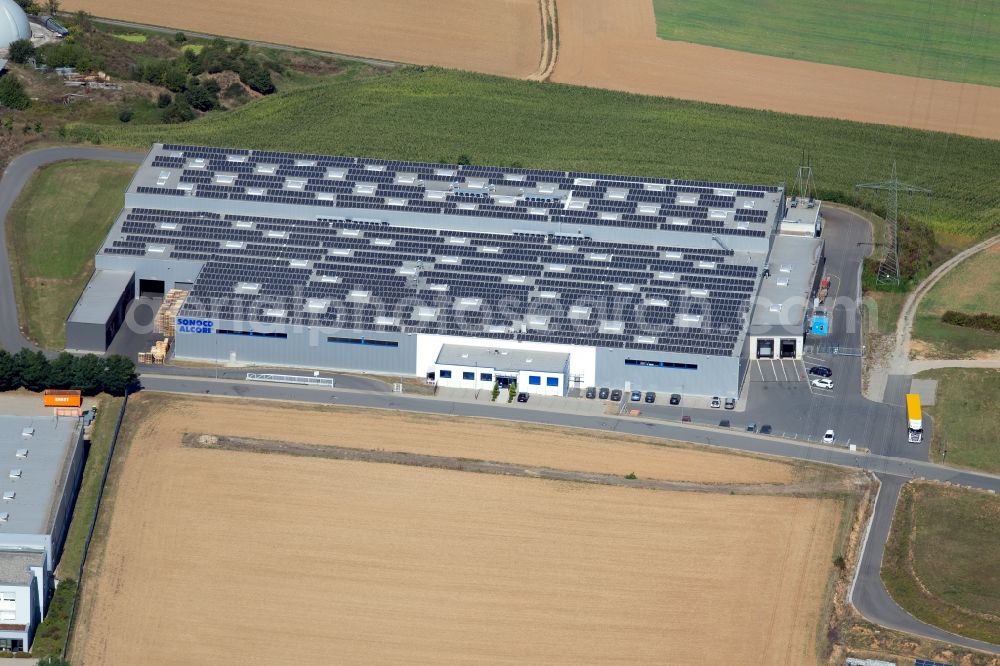 Grünsfeld from above - Building and production halls on the premises of Tubes & Cores, Sonoco Alcore on Waltersberg in Gruensfeld in the state Baden-Wurttemberg, Germany