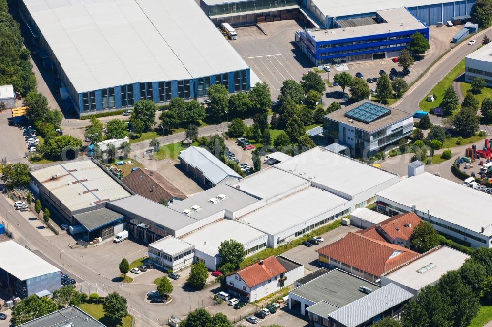 Weingarten from above - Building and production halls on the premises of Venta Luftwaescher - formerly Ventax on Weltestrasse in Weingarten in the state Baden-Wuerttemberg, Germany