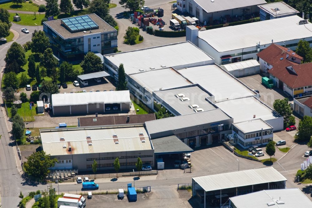 Weingarten from the bird's eye view: Building and production halls on the premises of Venta Luftwaescher - formerly Ventax on Weltestrasse in Weingarten in the state Baden-Wuerttemberg, Germany
