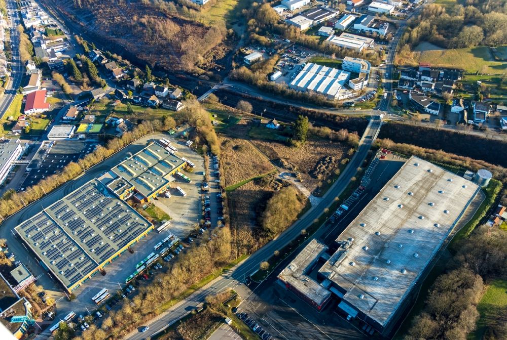 Ennepetal from above - Building and production halls on the premises of the Verkehrsgesellschaft Ennepe-Ruhr mbH and PH Industrie-Hydraulik GmbH & Co. KG on Wuppermannshof in Ennepetal in the state North Rhine-Westphalia, Germany