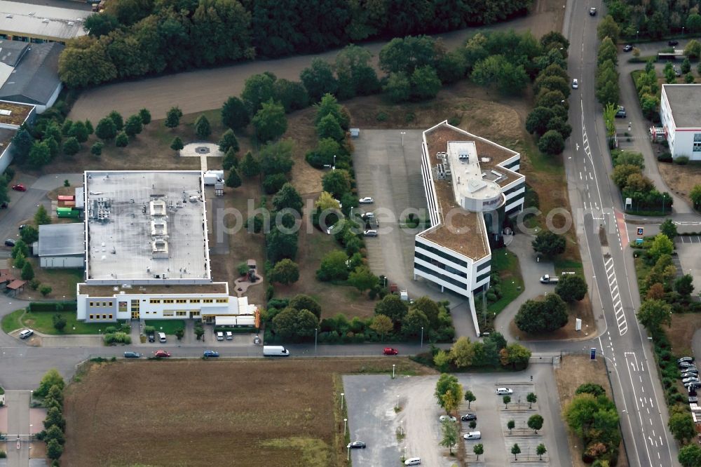 Ettlingen from the bird's eye view: Building and production halls on the premises of Verwaltung Amo Germany GmbH in Ettlingen in the state Baden-Wurttemberg, Germany