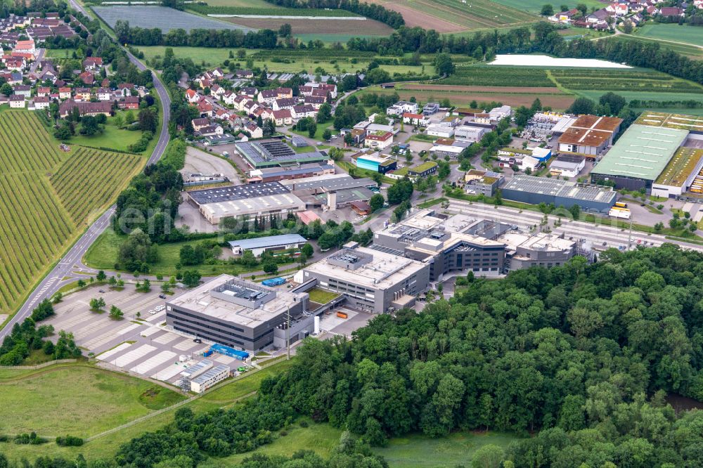 Ravensburg from the bird's eye view: Factory premises of Vetter Pharma Fertigung GmbH & Co. KG on street Mooswiesen in Ravensburg in the state Baden-Wuerttemberg, Germany