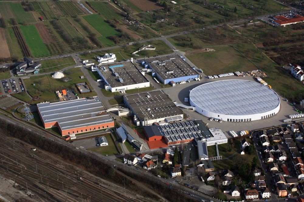 Weil am Rhein from above - Building and production halls on the premises of the furniture manufacturer Vitra in Weil am Rhein in the state of Baden- Wuerttemberg form a unique ensemble of contemporary architecture. The buildings of many renowned architects lure design and architecture lovers and students in the city on the border triangle near Basel