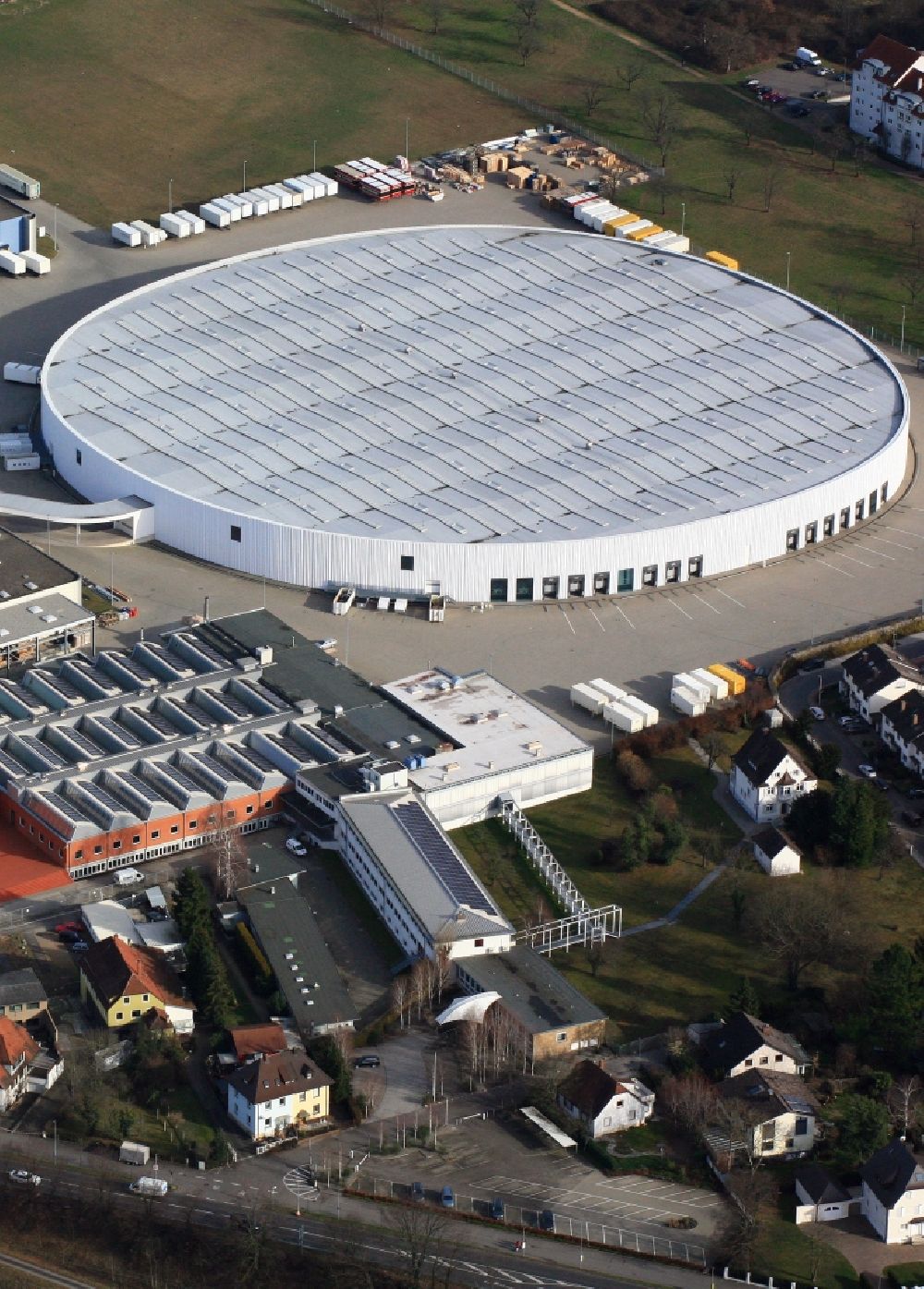 Aerial image Weil am Rhein - Building and production halls on the premises of the furniture manufacturer Vitra in Weil am Rhein in the state of Baden- Wuerttemberg form a unique ensemble of contemporary architecture. The buildings of many renowned architects lure design and architecture lovers and students in the city on the border triangle near Basel